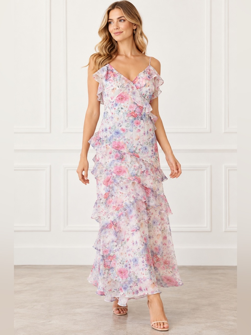 Storia Floral Ruffle Maxi Dress Small Pastel Romantic Boho